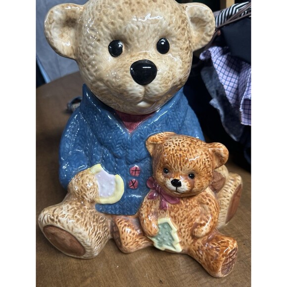 Cresco Other - Vintage Cresco China Papa & Baby Bear Ceramic Cookie Jar Blue Sweater Retro